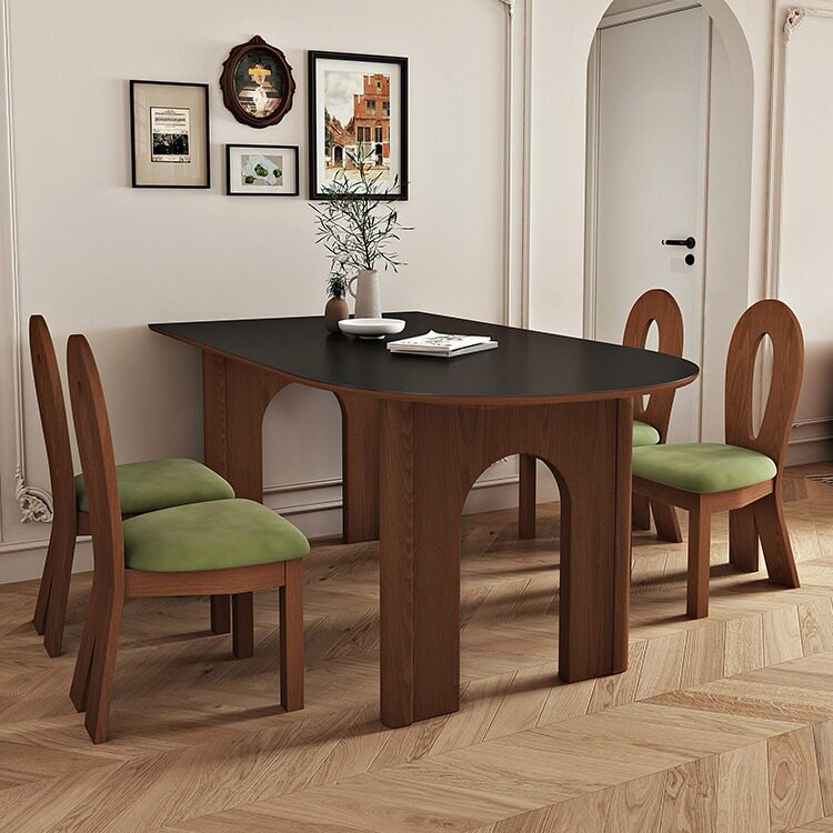 法式中古风小户型靠墙饭桌半圆形椭圆岛台复古实木岩板家用餐桌椅