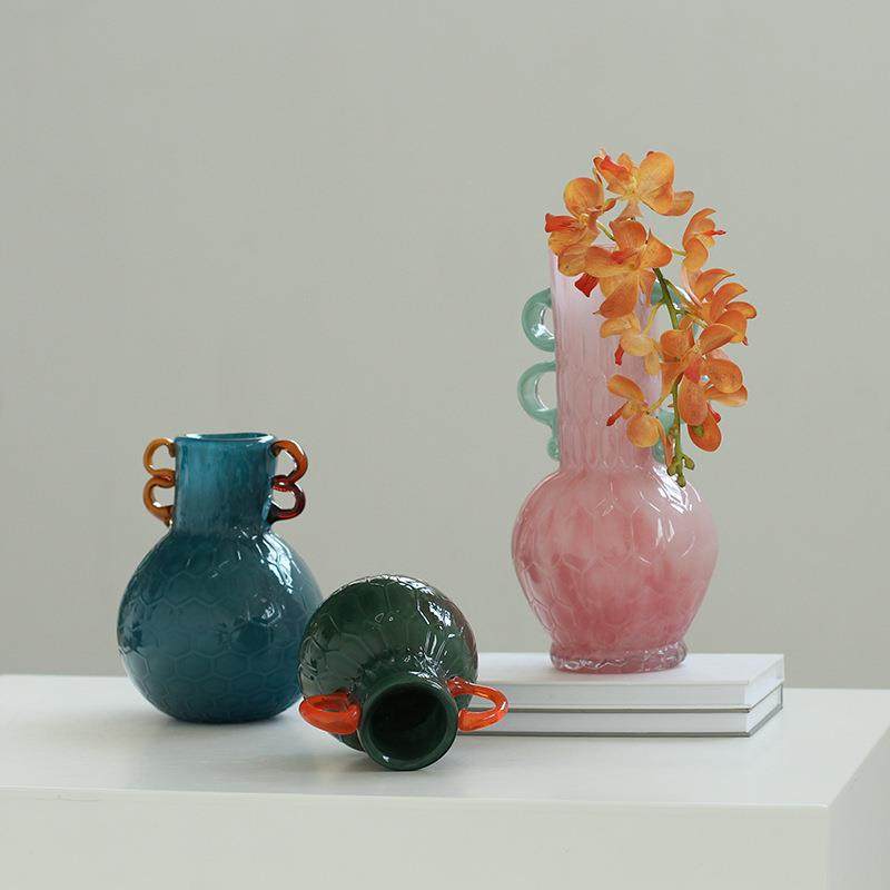 轻奢风双耳磁粉手工双色花纹大肚瓶餐桌玄关软装台面装饰彩色花瓶,鲜花速递/花卉仿真/绿植园艺,割草机/草坪机,淘宝优惠券,粉丝福利购,淘宝优惠卷