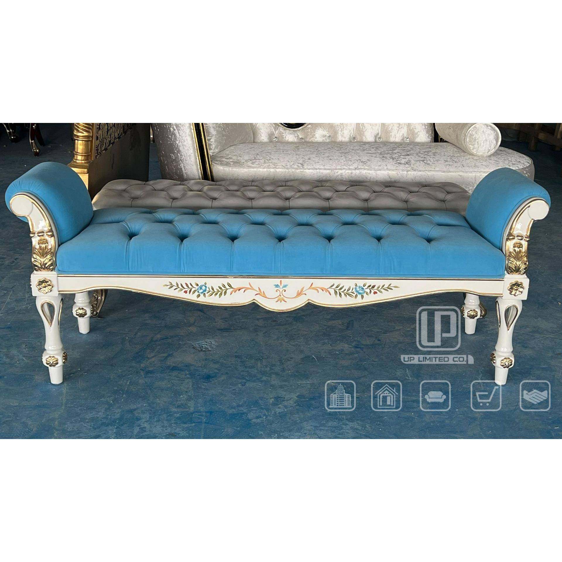 欧式手工实木雕刻布艺软包拉扣工艺卧室床尾凳复古实木雕刻中古风