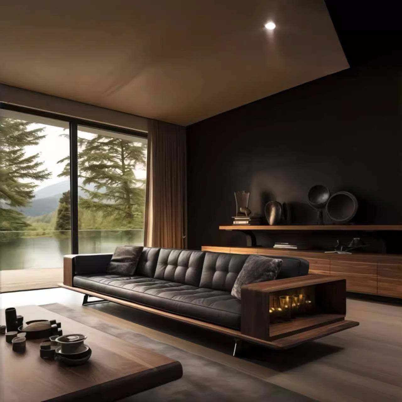 新中式真皮沙发黑胡桃木全实木客厅现代简约大户型轻奢简约高级感