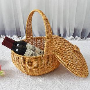 新款 506篮购物篮仿买藤编户野餐收纳筐家外用提菜篮水果 带盖手tl