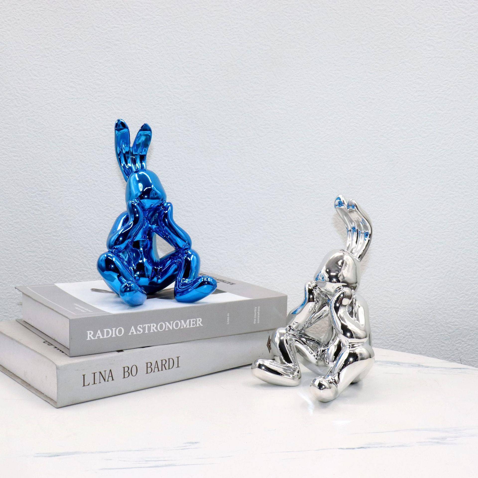 现代简客约轻家奢电意镀发呆兔居厅玄关样板房思考小兔创软装饰品