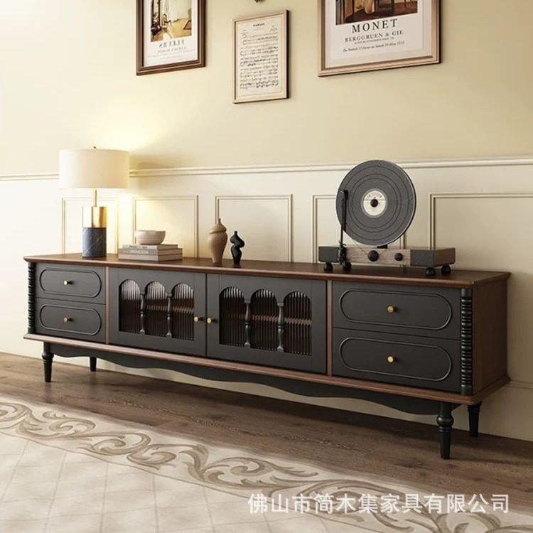 法式复古黑色高级储感实电视MIB柜收柜物柜木一体美式客纳厅电视