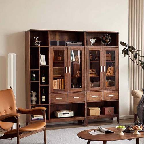 北美黑胡桃置物架组合整墙展示多层书柜实木书柜带玻璃门书架