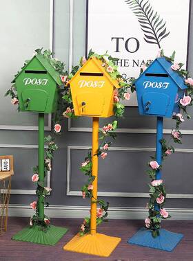 网红复信式报箱摆件欧铁艺工业风邮筒庭院JLO饰摄古影道装具邮箱