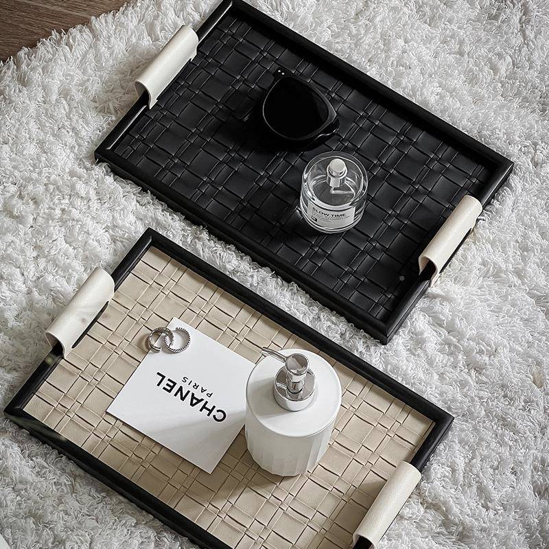 轻奢饰托关收纳MVY盘子中古高玄档黑色首皮革香薰盘法式饰品摆件