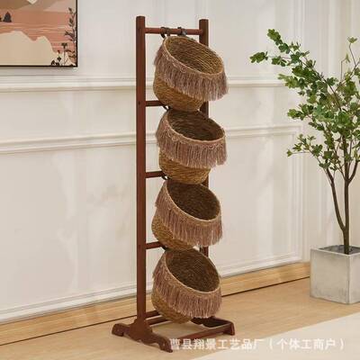 木质层提篮多木编织收编纳筐客厅零食展示架梧25221桐吊篮藤收纳