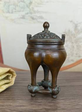 古玩杂古董129货老铜三足双耳炉旧摆件老包浆项醇厚铜器老物件收
