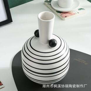 北约欧风简陶瓷花瓶创意手板绘黑条纹玄JK-010关客厅样间家居花器