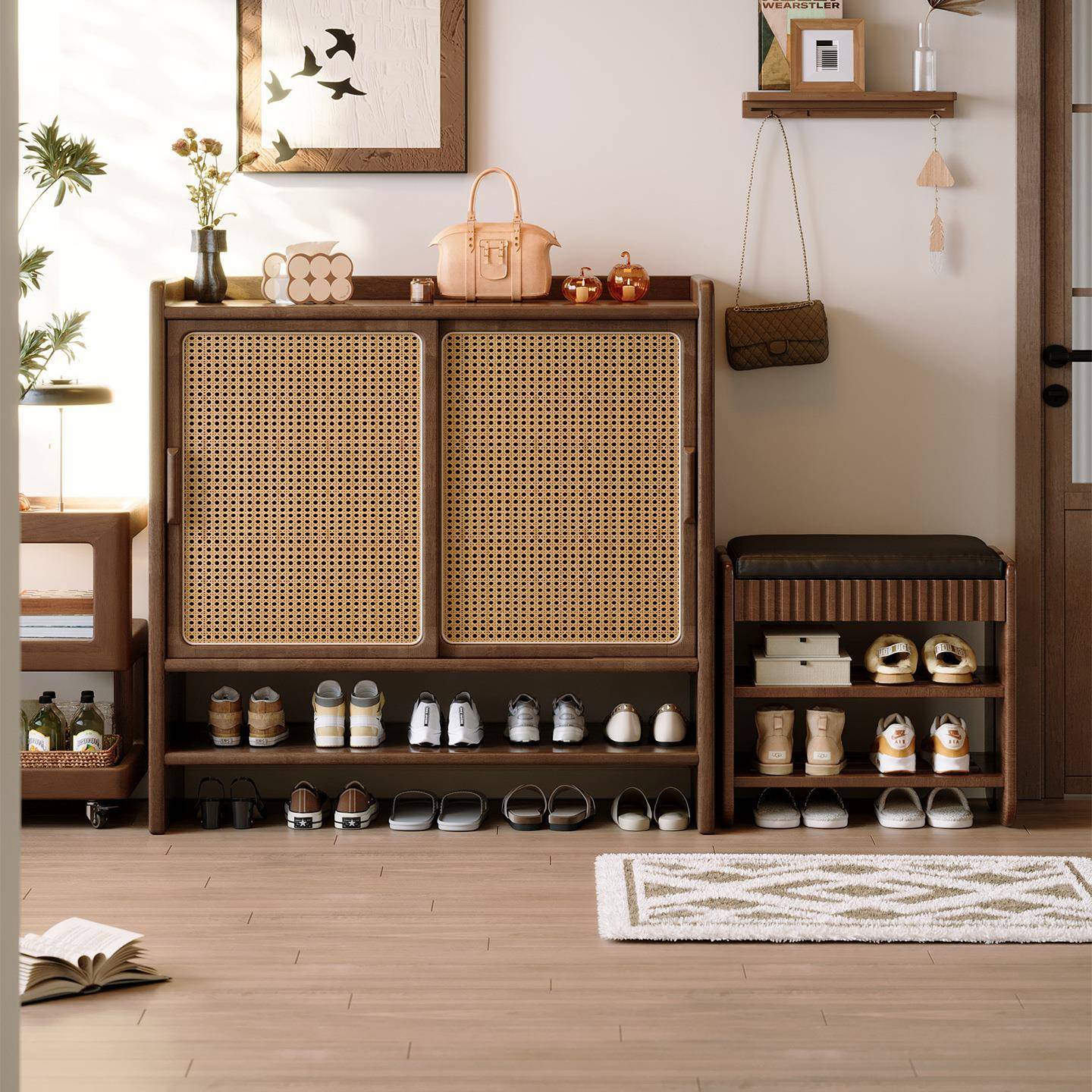 防木鞋柜家用门口收纳储物实柜入户玄关柜一靠墙藤体编多层95550