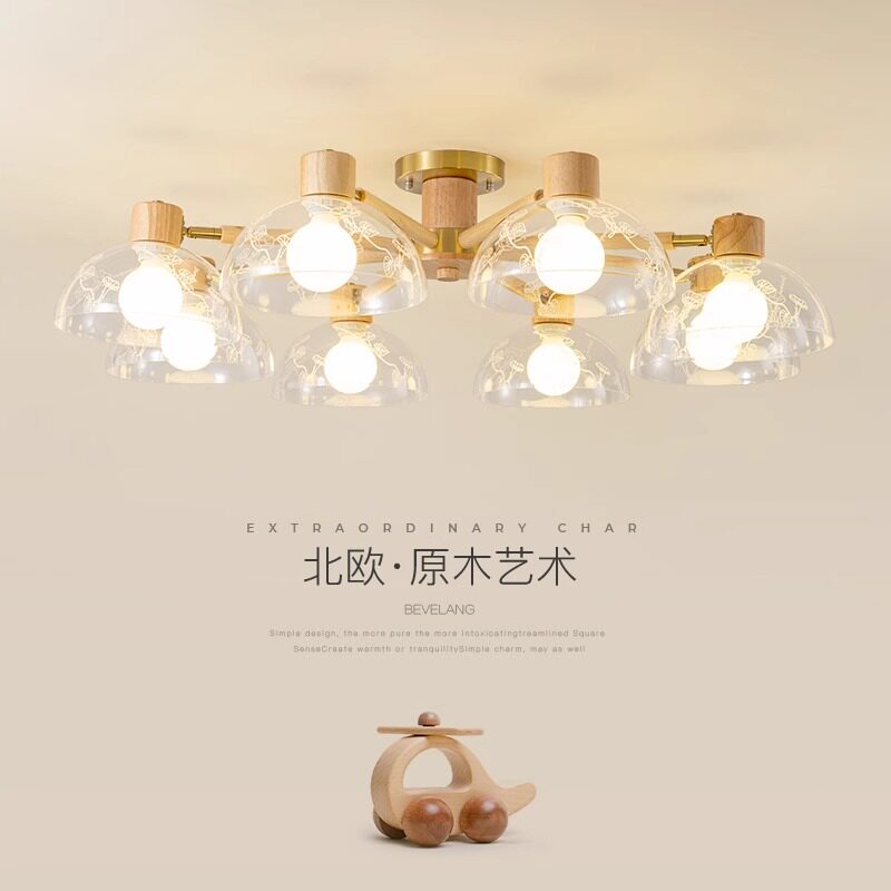 日式客厅吊灯实木LED雕花灯罩奶油风简约北欧餐厅灯主卧房间灯具