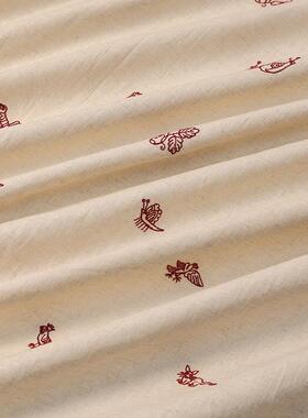 工厂新款米麻色5意5%亚ZXF麻4%5棉棉麻印花面料朴门创设计服装面