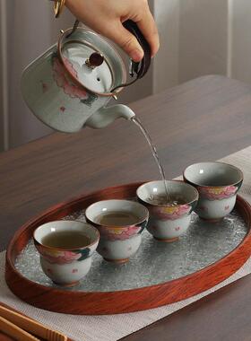 哥窑釉下彩手旅装28915绘牡丹提梁壶茶具套用户外行家组合家用泡