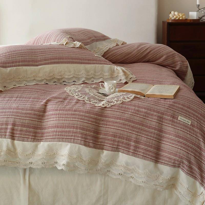 1YLS-2025双层纱四件棉套裸睡全棉色织肌理提纱花床纯复古布被套