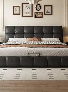 意式极简真皮床现代简约主卧高端大气2米x2米2黑色法式复古软包床