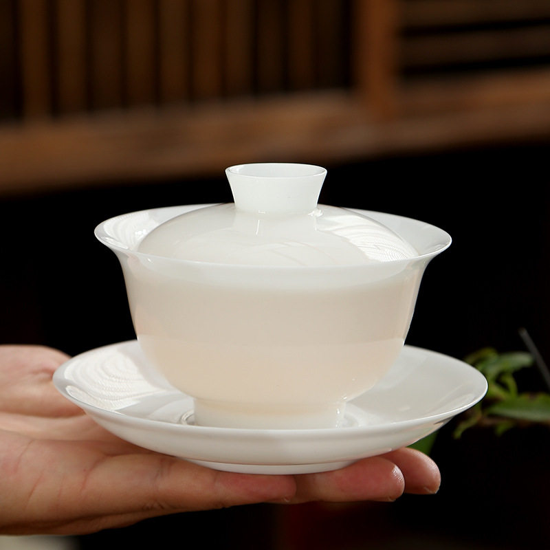 高端冰种薄胎羊脂玉白瓷三才盖碗不烫手家用陶瓷敬茶杯泡茶碗茶具