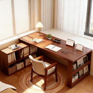 转角书桌家用实木学习桌子卧室女生梳妆台书柜一体l型拐角电脑桌