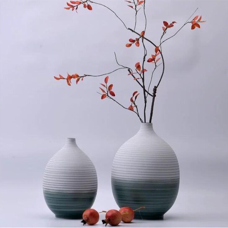 北欧彩绘陶瓷花瓶样板房客厅创意插花摆件简约绿色渐变桌面装饰品