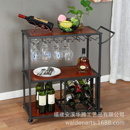 带酒架/酒杯架的可移动酒吧推车酒吧服务推车餐桌厨房储酒车