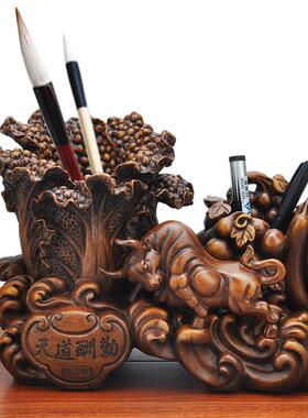 shopee天道酬勤双笔筒牛摆件福禄白菜书房笔筒摆设工厂直销