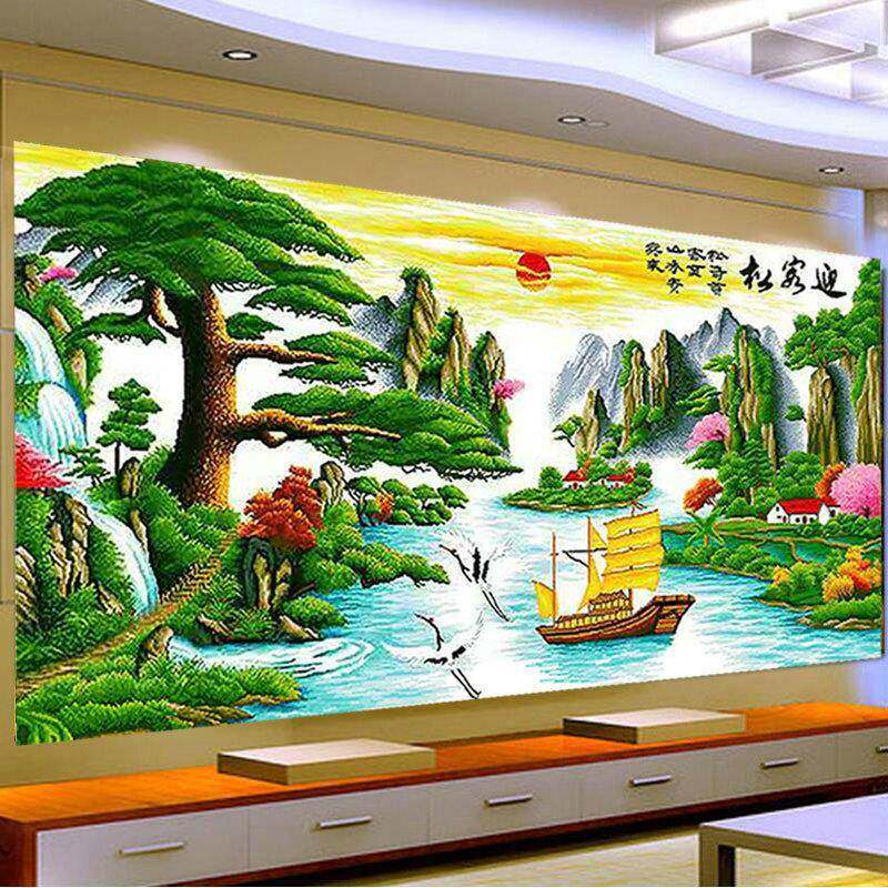 AL634460款迎客松钻画点新钻十字绣钻客厅山水风景石大幅挂画贴钻