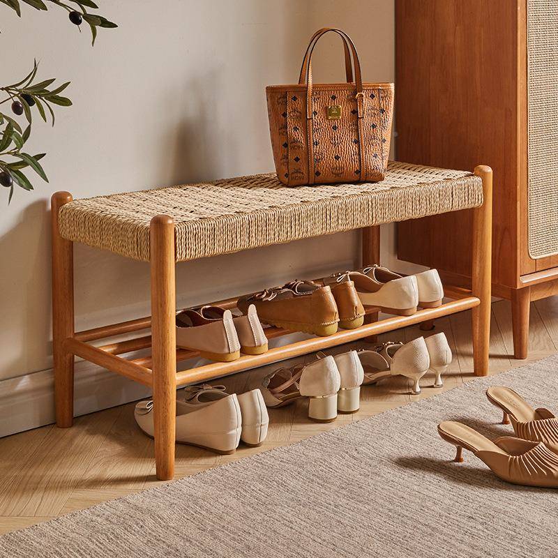 家鞋逸实木换凳凳家用门口入户鞋架绳编穿凳鞋长84253条更衣凳床