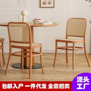 北欧藤编靠背餐椅原木书桌椅现代简约811号椅复古实木家用中古椅