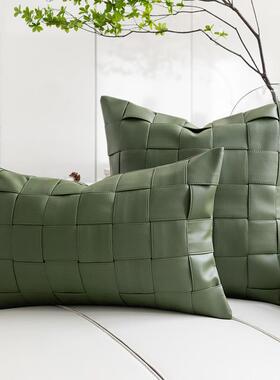 绿色皮革手工编织抱枕套现代简约样板房沙发靠枕靠垫腰枕软装装饰