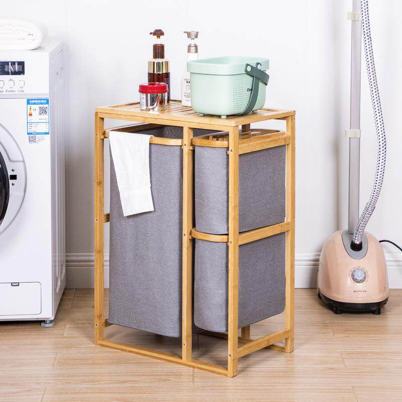 家用日式简易实木脏衣篓置物架多层收纳柜衣篓篮浴室落地储物架子