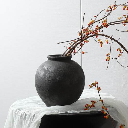 HS现代侘寂软装黑色陶宿瓷花摆件客厅玄关民间样板瓶桌面艺术花器