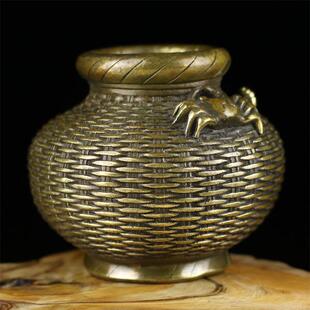 黄铜鱼存篓黄铜黄铜摆件仿古鱼篓钱罐FUH四方纳财