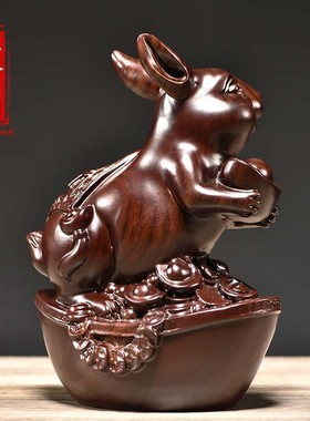 黑檀木雕兔子摆件实木十二生w肖雕刻家居客厅书架装饰红木工艺礼