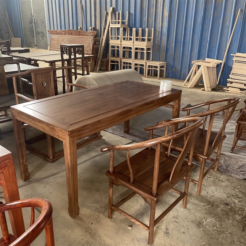 北榆木茶桌书桌画案新中式实木马蹄D餐桌椅凳子组合办公桌家用休