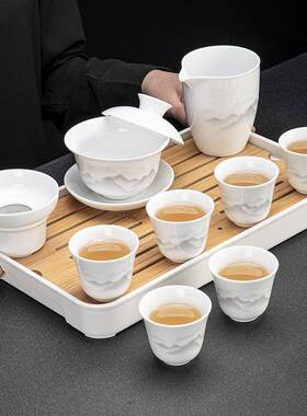 羊脂套玉瓷功夫25677茶具装白瓷家用办瓷公泡盘悬停茶盖碗陶茶杯