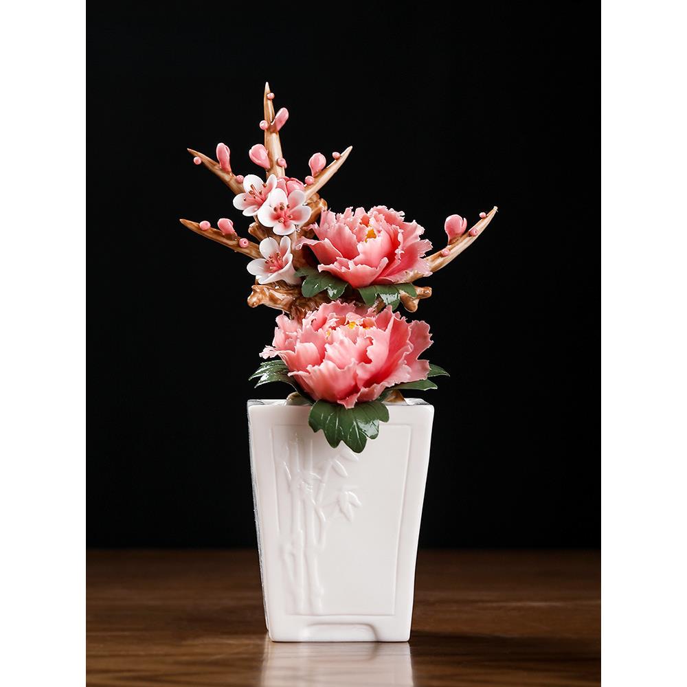 陶瓷盆栽牡丹瓷花摆件品质家居客厅桌面干花装饰品/花开富贵