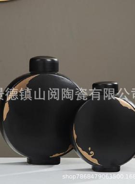 新中式创意黑色描金陶瓷花瓶摆件带盖罐子客厅插花软装复古花器
