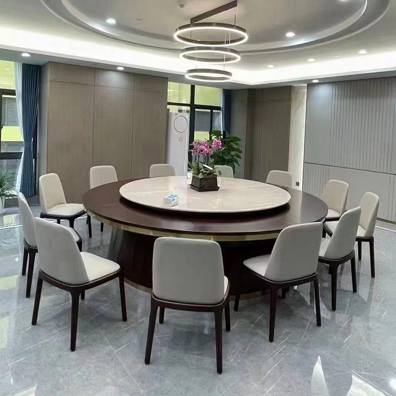 电动大圆桌白蜡木餐桌椅组合酒店包厢饭店公司食堂2米4新中式圆台