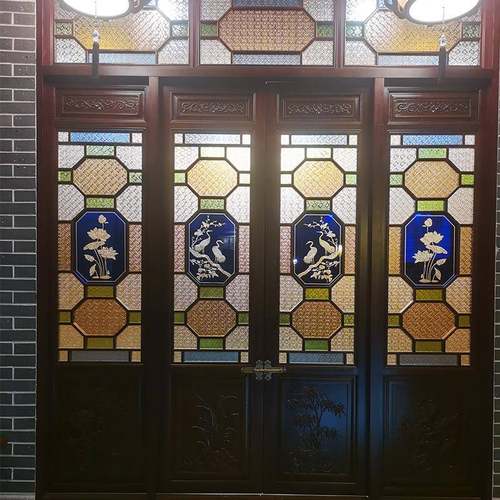 仿古满洲窗仿古实木花窗海棠花彩色琉璃玻璃门窗屏风花窗