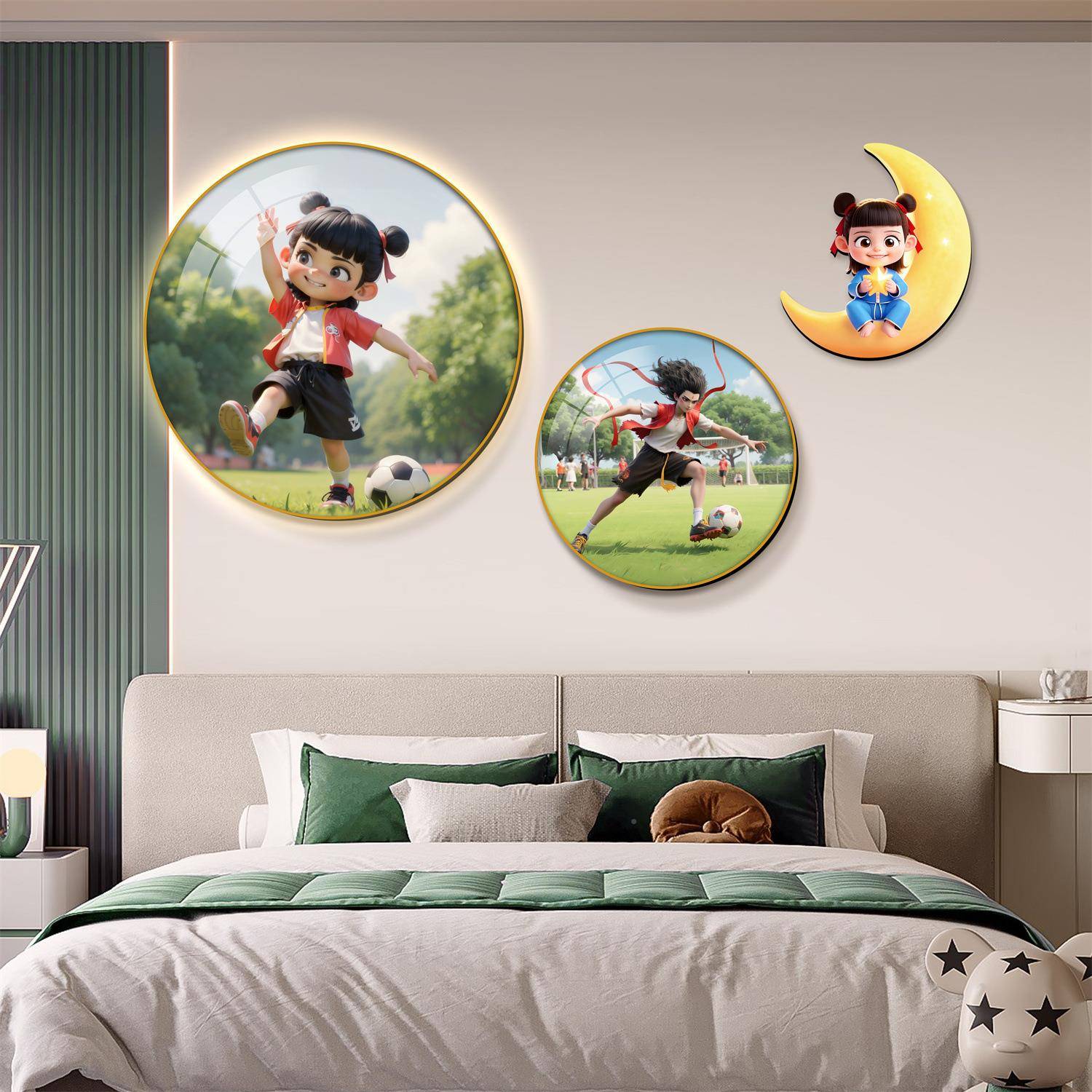 创北欧儿童画房卧室床头装饰圆形挂意RHE画粉色女房孩间布置墙面