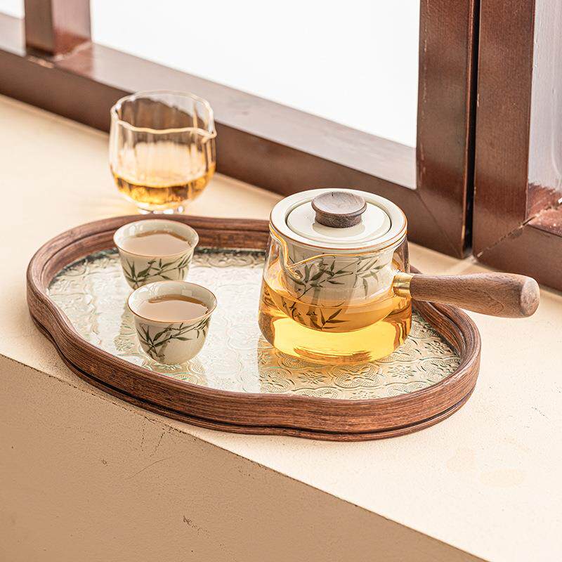 手绘绿24JS06-9文竹侧壶把茶具茶盘套一壶二杯便携式户外泡翠茶旅