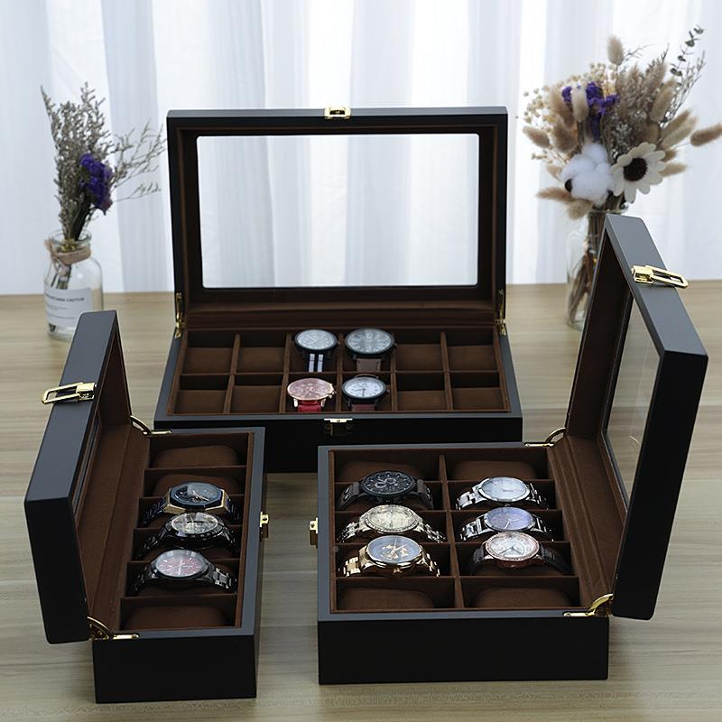 德莱士五DLS-0033黑色哑光烤漆金尘手表防防磁透明手表盒多规格盒