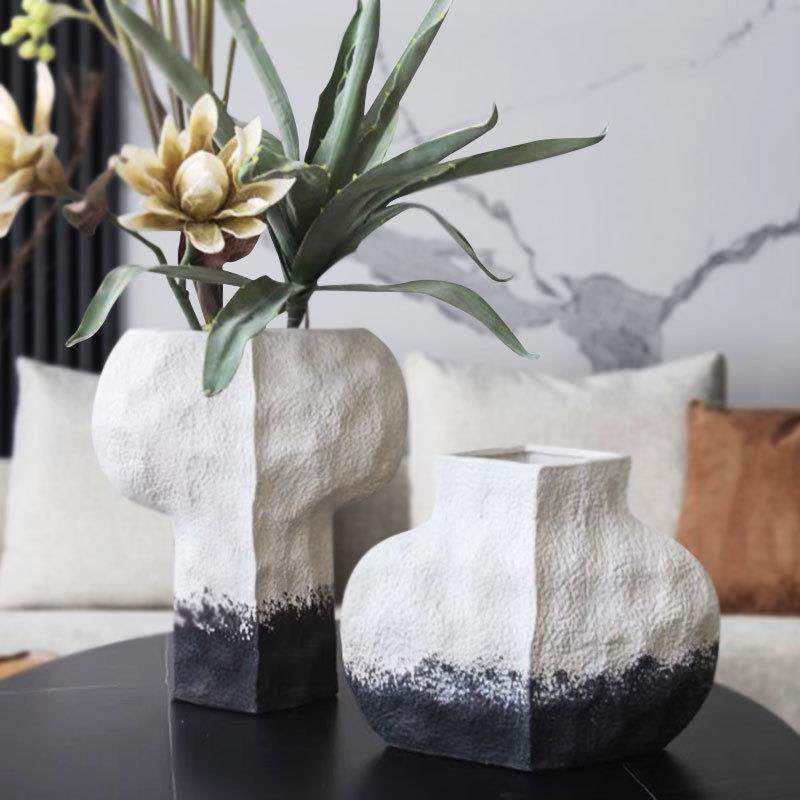 新中式复做旧GD-H85树脂白水墨花瓶别墅酒店玄关古厅干花黑器艺术