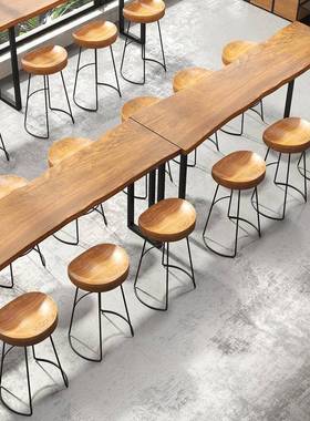 式实木奶茶店吧台桌椅组咖美啡QH55524桌休闲吧台墙北欧酒吧桌靠