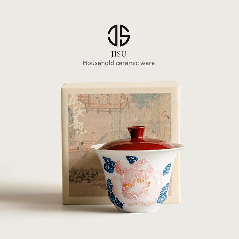 茶手绘描金牡丹才用盖碗高档陶24JS12-1瓷功夫具家泡茶杯茶碗不二