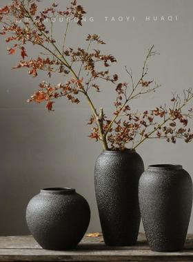 欧复古磨砂件黑色陶罐陶瓷干花花瓶摆家居客厅花禅XWF意插花北粗