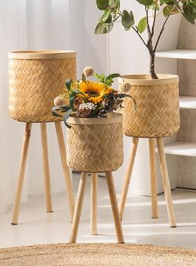 北p2DA0DKi欧高脚架子藤编花篮花盆竹式编花架客厅花落地置阳物架