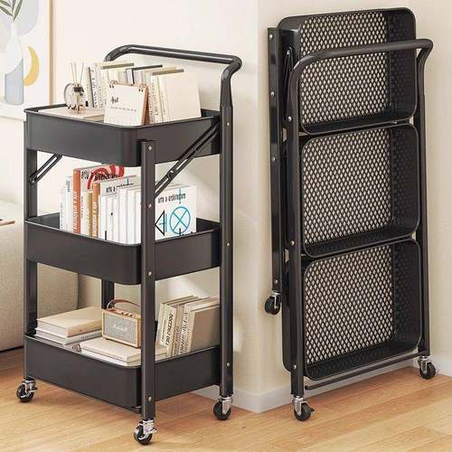 折叠小推纳车厨房置物架免安装可移动家BUU用果蔬杂书架物零食收