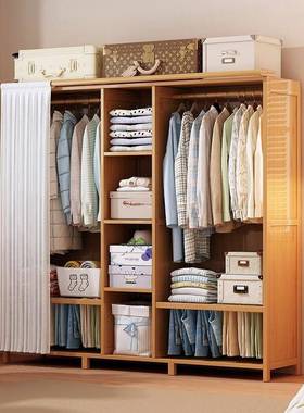 实木衣简易柜出租房防尘经济遮型实耐用挂结衣橱带挡帘卧室FKW大