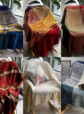 雪手尼尔布艺沙巾发蓝黄PBV格全盖沙盖发垫毯扶巾靠背巾空调毯