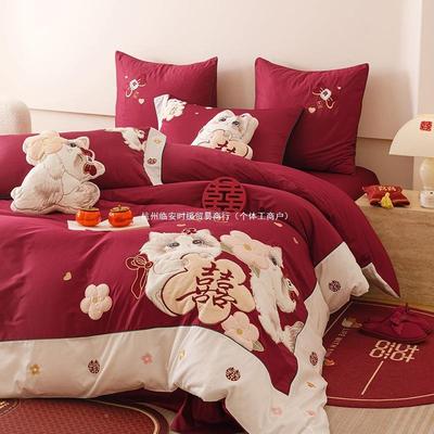 布贴绣四套床上用品10可爱婚庆咪猫0SMSA红色结婚被件陪嫁喜被套